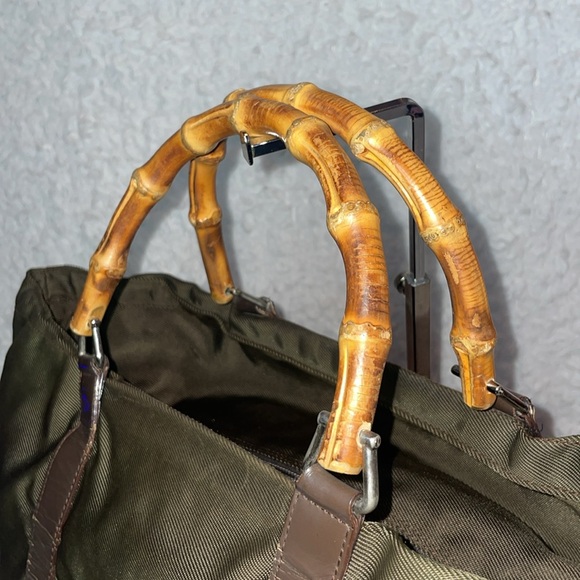 Gucci Vintage Bamboo Handle Nylon Leather Large Shopper Tote Olive Green Brown - Picture 7 of 15